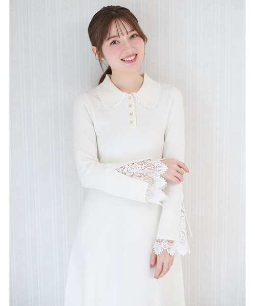 tocco closet（トッコ　クローゼット）の「レース付きポロニットロングワンピース（ワンピース・レディース・アイボリー/ネイビー/ピンク・M）」の7枚目の写真