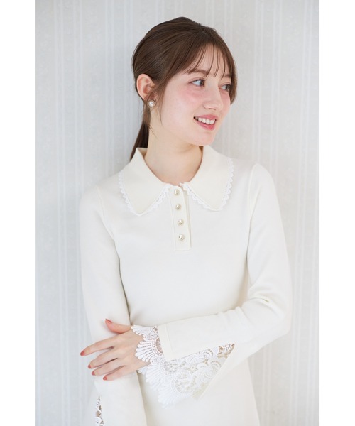 tocco closet（トッコ　クローゼット）の「レース付きポロニットロングワンピース（ワンピース・レディース・アイボリー/ネイビー/ピンク・M）」の8枚目の写真