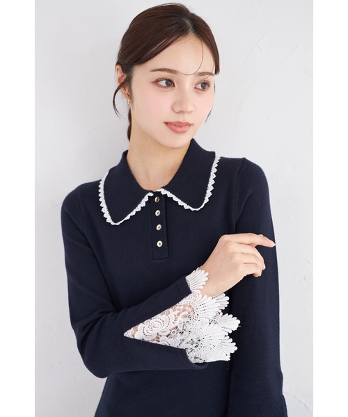 tocco closet（トッコ　クローゼット）の「レース付きポロニットロングワンピース（ワンピース・レディース・アイボリー/ネイビー/ピンク・M）」の15枚目の写真