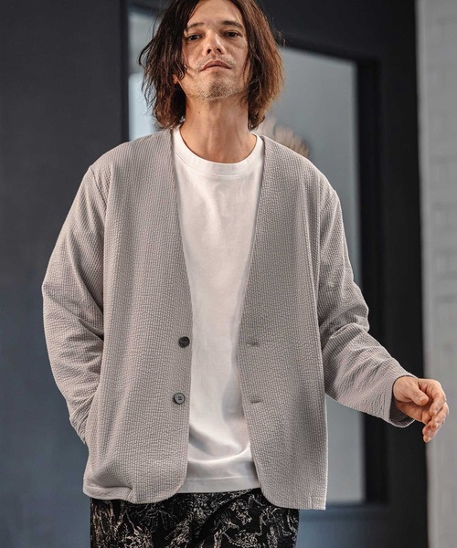 CAMBIO(カンビオ)の「mj11354- サッカーノーカラーカーデジャケット(CA04-61422)(ノーカラージャケット・メンズ・ブラック/グレイッシュベージュ・M/L/XL)」の9枚目の写真