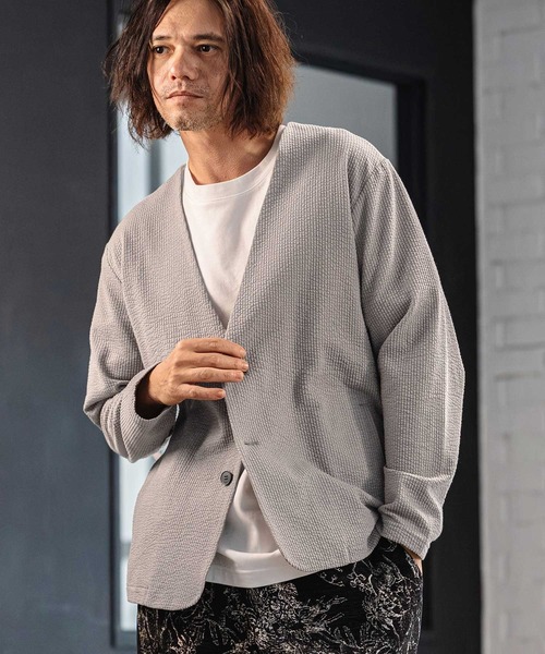 CAMBIO(カンビオ)の「mj11354- サッカーノーカラーカーデジャケット(CA04-61422)(ノーカラージャケット・メンズ・ブラック/グレイッシュベージュ・M/L/XL)」の10枚目の写真