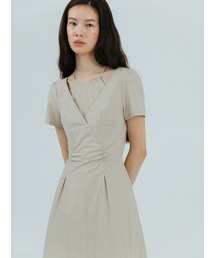 Halter-Neck Shirring Dress, Beige