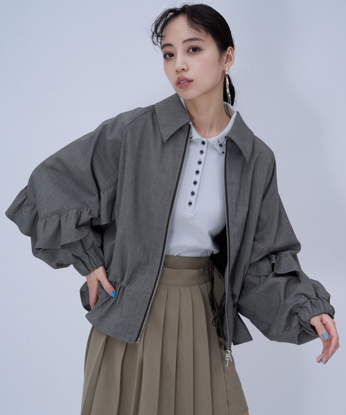 HARE(ハレ)の「スリーブフリルステンブルゾン(HARE)(ブルゾン・レディース・ブラック/チェック・FREE)」の1枚目の写真