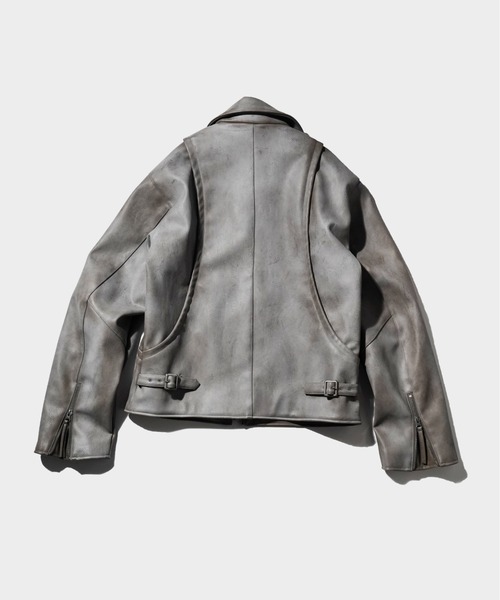 CAMPHOR WOOD(カンファーウッド)の「FADED SHORT LENGTH PU-LEATHER JACKET / フェードショート丈PUレザージャケット(ライダースジャケット・メンズ・ダークブラウン/スミクロ・LARGE/MEDIUM)」の6枚目の写真