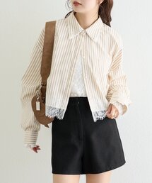 【4色展開/ストライプ/無地】ストライプ裾レースシャツ