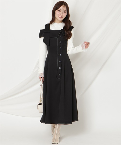 WILLSELECTION(ウィルセレクション)の「アシンメトリーリボンショルダーワンピース(ワンピース・レディース・ブラック/ネイビー/ベージュ/ピンク・FREE)」の1枚目の写真