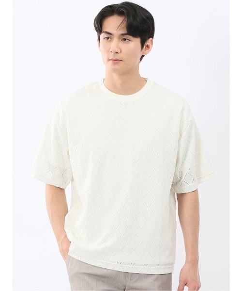 TAKA-Q(タカキュー)の「アンサンブル 2枚 セット メンズ ダイヤ柄 シアー クルーネック プルオーバー & 半袖 Tシャツ ややゆったり ルーズ(アンサンブル・メンズ・アイボリー/ブラック・LARGE/MEDIUM/X-LARGE)」の1枚目の写真