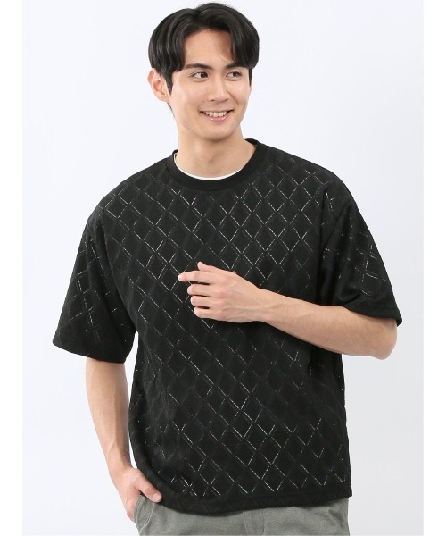 TAKA-Q(タカキュー)の「アンサンブル 2枚 セット メンズ ダイヤ柄 シアー クルーネック プルオーバー & 半袖 Tシャツ ややゆったり ルーズ(アンサンブル・メンズ・アイボリー/ブラック・LARGE/MEDIUM/X-LARGE)」の2枚目の写真
