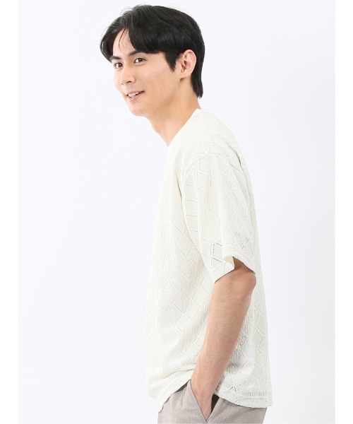 TAKA-Q(タカキュー)の「アンサンブル 2枚 セット メンズ ダイヤ柄 シアー クルーネック プルオーバー & 半袖 Tシャツ ややゆったり ルーズ(アンサンブル・メンズ・アイボリー/ブラック・LARGE/MEDIUM/X-LARGE)」の8枚目の写真