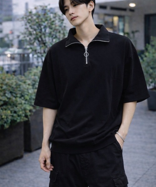 VIBGYOR（ヴィブジョー）の「【Bls】 【ZM】【Bling Leads】梨地ジャージ ハーフZIP TEE(BL)（Tシャツ/カットソー・メンズ・オフホワイト/グレイッシュベージュ/ブラック・MEDIUM/LARGE）」の2枚目の写真