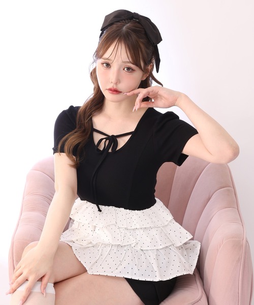 one after another NICE CLAUP（ワンアフターアナザーナイスクラップ）の「リボン付き裾フリルトップス（Tシャツ/カットソー・レディース・ブラック/ベージュ/ピンク・FREE）」の15枚目の写真