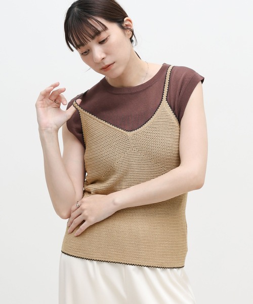 select MOCA（セレクトモカ）の「リネンタッチバイカラーパイピングニットキャミ（キャミソール・レディース・ベージュ/オフホワイト/ブラック・FREE）」の3枚目の写真