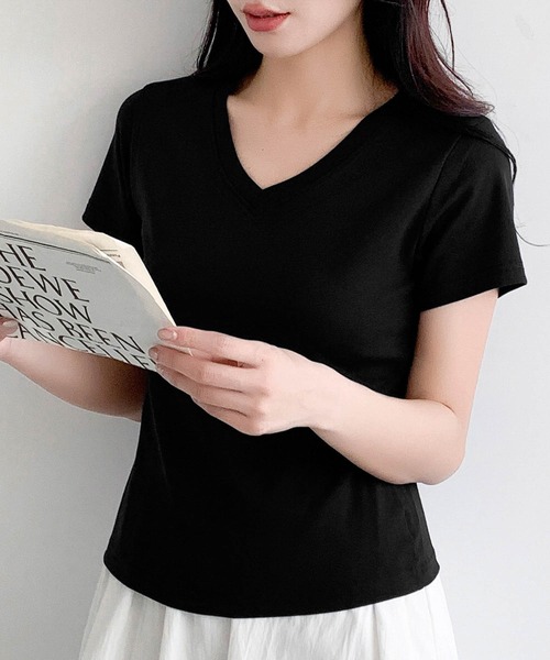 LOWO(ロワ)の「【M~4Lまで豊富なサイズ展開】コットン混Vネックショート丈Tシャツカットソー 大きいサイズ(Tシャツ/カットソー・レディース・ブラック/ライトグレー/ホワイト/ネイビー・4L/3L/2L/L/M)」の9枚目の写真