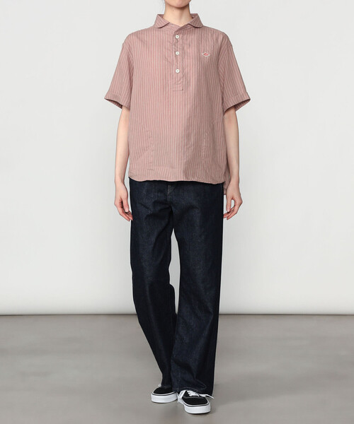 DANTON | リネンコットン 丸襟半袖プルオーバーシャツ STRIPE WOMEN