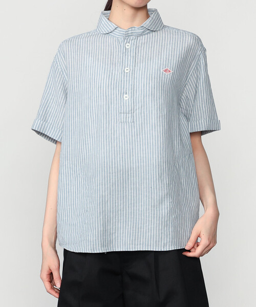 DANTON | リネンコットン 丸襟半袖プルオーバーシャツ STRIPE WOMEN