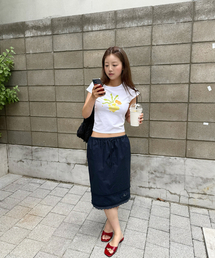 Eyelet Punching Midi Skirt (Navy)
