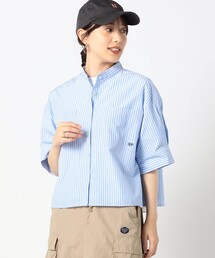 ノーカラーストライプシャツ