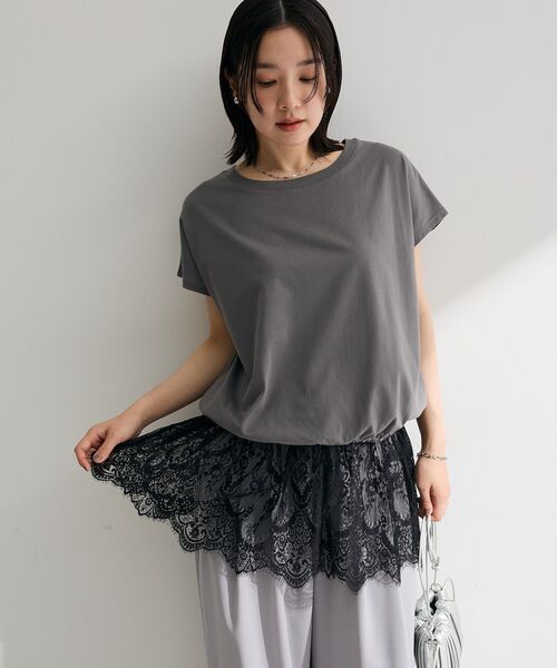Green　Parks（グリーンパークス）の「レースドッキングフレンチプルオーバー（Tシャツ/カットソー・レディース・グレー/ホワイト/ブラック・FREE）」の4枚目の写真