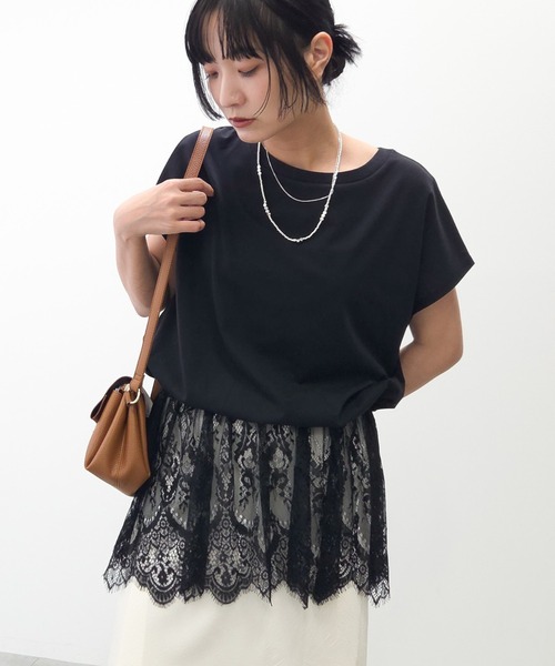 Green　Parks（グリーンパークス）の「レースドッキングフレンチプルオーバー（Tシャツ/カットソー・レディース・グレー/ホワイト/ブラック・FREE）」の3枚目の写真