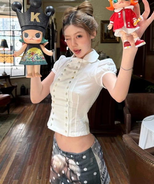 AsheKsha（アシクシャ）の「フレンチスタイルの気質 ダブルブレストのウエストシェイプ半袖白シャツ（シャツ/ブラウス・レディース・ホワイト/ブラック・M）」の9枚目の写真