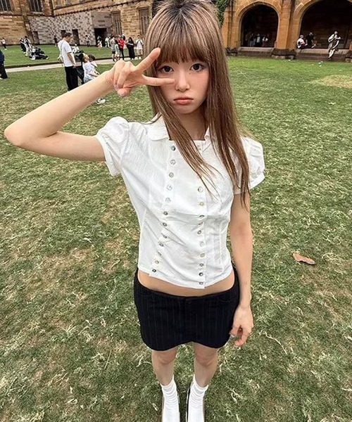 AsheKsha（アシクシャ）の「フレンチスタイルの気質 ダブルブレストのウエストシェイプ半袖白シャツ（シャツ/ブラウス・レディース・ホワイト/ブラック・M）」の12枚目の写真