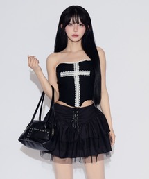 【カップ付き】Cross Lace Tube Top / クロスレースチューブトップ