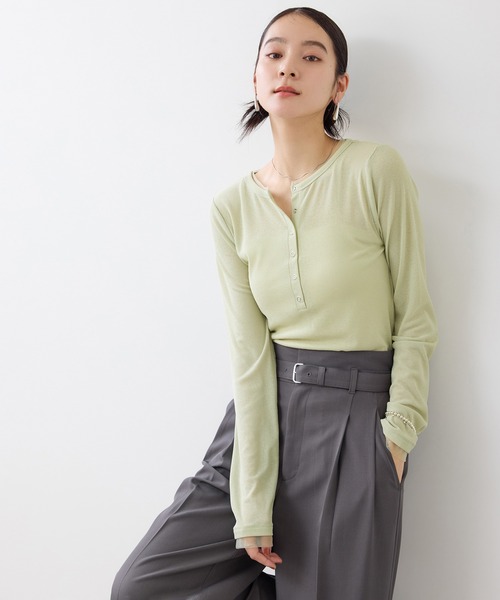 VIS(ビス)の「シアーヘンリーロングスリーブTシャツ(Tシャツ/カットソー・レディース・ライトグリーン/キナリ/ネイビー/ピンク・FREE)」の14枚目の写真