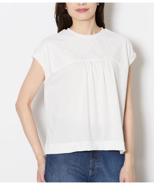 NEWYORKER（ニューヨーカー）の「前後2WAYレース切替えカットソー レディース イージーケア（Tシャツ/カットソー・レディース・サックスブルー/ブラック/ホワイト・LARGE/MEDIUM）」の4枚目の写真