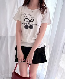 リボン×チェリープリントショート丈半袖Tシャツ