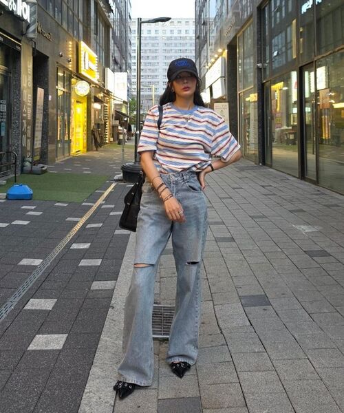 CARGOBROS FOR WOMAN(カーゴブロスフォーウィメン)の「ストライプダンガラ半袖Tシャツ(ブルー)(Tシャツ/カットソー・レディース・その他・FREE)」の6枚目の写真