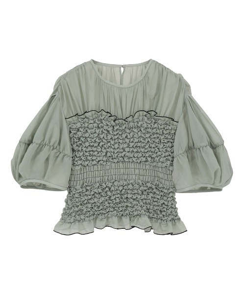 CLANE(クラネ)の「【CLANE/クラネ】COLOR STITCHED SHIRRING TOPS/カラースティッチシャーリングトップ(Tシャツ/カットソー・レディース・グリーン/アイボリー/ブラック・1)」の1枚目の写真