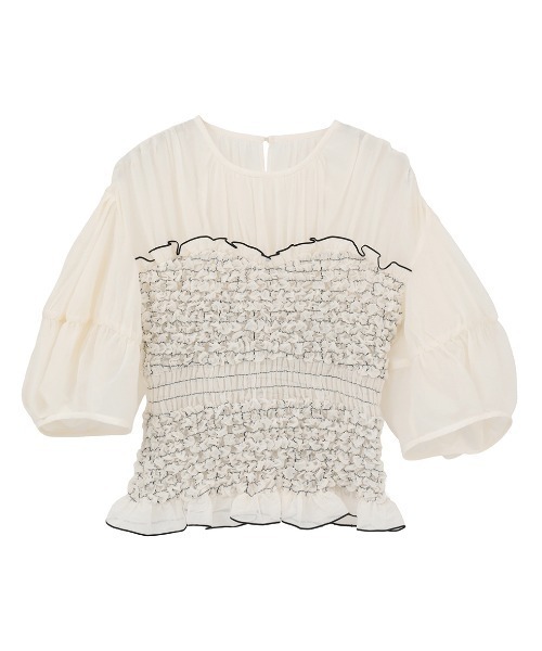 CLANE(クラネ)の「【CLANE/クラネ】COLOR STITCHED SHIRRING TOPS/カラースティッチシャーリングトップ(Tシャツ/カットソー・レディース・グリーン/アイボリー/ブラック・1)」の4枚目の写真
