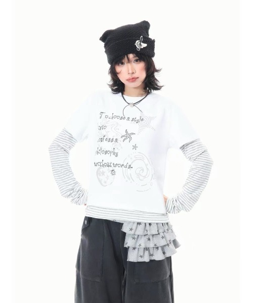 GEMEDA(ジェメダ)の「フェイクレイヤードトップス(Tシャツ/カットソー・レディース・ダークグレー/ホワイト・M)」の2枚目の写真