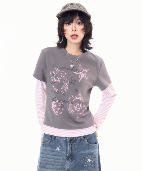 GEMEDA(ジェメダ)の「フェイクレイヤードトップス(Tシャツ/カットソー・レディース・ダークグレー/ホワイト・M)」の14枚目の写真