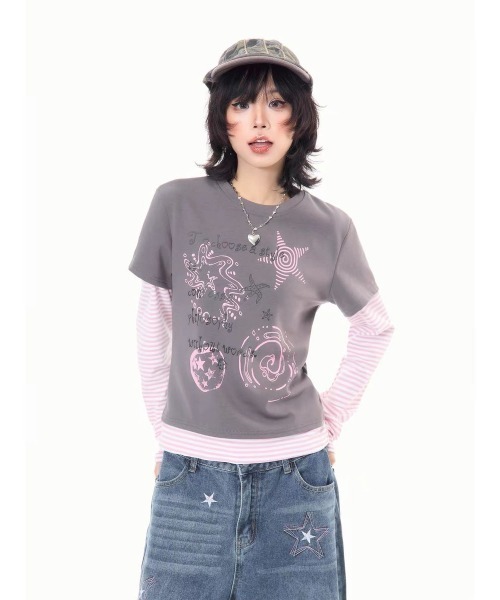 GEMEDA(ジェメダ)の「フェイクレイヤードトップス(Tシャツ/カットソー・レディース・ダークグレー/ホワイト・M)」の13枚目の写真
