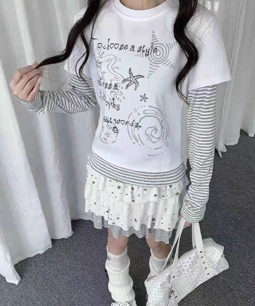 GEMEDA(ジェメダ)の「フェイクレイヤードトップス(Tシャツ/カットソー・レディース・ダークグレー/ホワイト・M)」の9枚目の写真