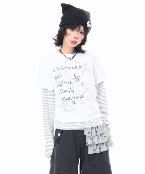 GEMEDA(ジェメダ)の「フェイクレイヤードトップス(Tシャツ/カットソー・レディース・ダークグレー/ホワイト・M)」の7枚目の写真