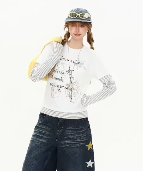 GEMEDA(ジェメダ)の「フェイクレイヤードトップス(Tシャツ/カットソー・レディース・ダークグレー/ホワイト・M)」の5枚目の写真