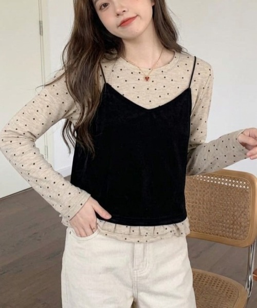 Ritzy(リッツィー)の「ベロアキャミソール+ドット柄トップス レイヤード 2点セット(Tシャツ/カットソー・レディース・グレー/ベージュ・FREE)」の5枚目の写真