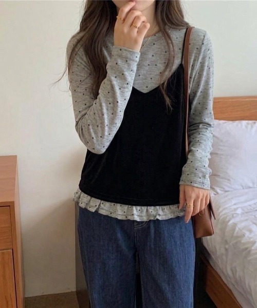 Ritzy(リッツィー)の「ベロアキャミソール+ドット柄トップス レイヤード 2点セット(Tシャツ/カットソー・レディース・グレー/ベージュ・FREE)」の3枚目の写真