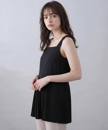 タンクトップ ロング キャミソール レディース インナー トップス ロング丈 チュニック レイヤード 重ね着 プリーツ 切替 体型カバー ロングタンクトップ 裾プリーツ スクエアネック キャミ