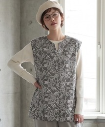 バラ柄チェーンステッチ総刺繍ニットソーキーネックチュニックベスト