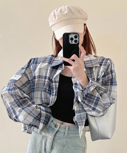 AVYL(アヴィル)の「クロップド丈シアーチェックシャツ(シャツ/ブラウス・レディース・グリーン/ブルー/ブラック・M)」の9枚目の写真
