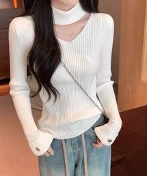 チョーカー風 ネックデザイン リブ ニット トップス 秋冬