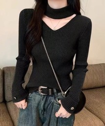 チョーカー風 ネックデザイン リブ ニット トップス 秋冬
