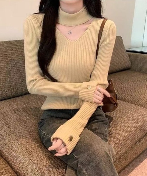 Beststore（ベストストア）の「チョーカー風 ネックデザイン リブ ニット トップス 秋冬（ニット/セーター・レディース・ホワイト/ブラック/ベージュ/ワインレッド・FREE）」の8枚目の写真