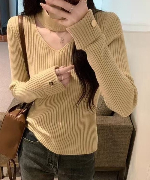 Beststore（ベストストア）の「チョーカー風 ネックデザイン リブ ニット トップス 秋冬（ニット/セーター・レディース・ホワイト/ブラック/ベージュ/ワインレッド・FREE）」の10枚目の写真