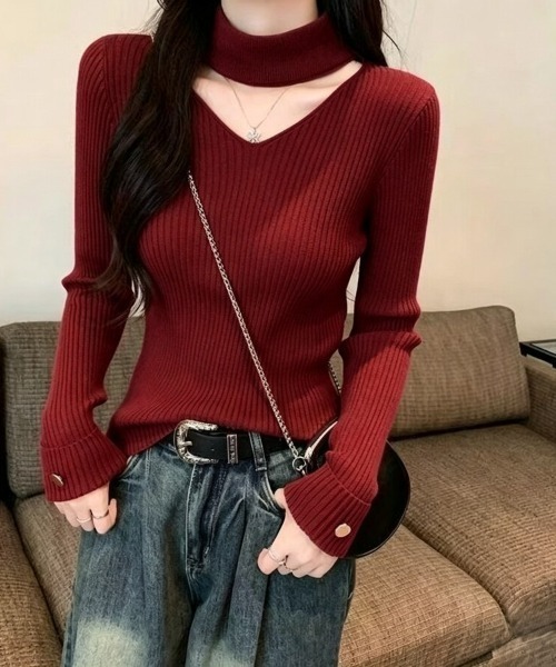 Beststore（ベストストア）の「チョーカー風 ネックデザイン リブ ニット トップス 秋冬（ニット/セーター・レディース・ホワイト/ブラック/ベージュ/ワインレッド・FREE）」の11枚目の写真