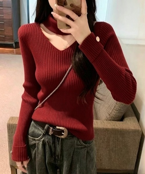 Beststore（ベストストア）の「チョーカー風 ネックデザイン リブ ニット トップス 秋冬（ニット/セーター・レディース・ホワイト/ブラック/ベージュ/ワインレッド・FREE）」の12枚目の写真