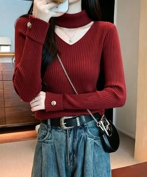 Beststore（ベストストア）の「チョーカー風 ネックデザイン リブ ニット トップス 秋冬（ニット/セーター・レディース・ホワイト/ブラック/ベージュ/ワインレッド・FREE）」の13枚目の写真